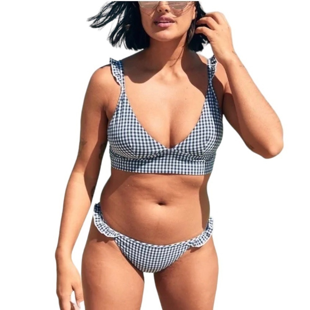 Aerie Gingham Triangle Bikini‎ Top Blue White Ruffle Straps Longline Women’s XL